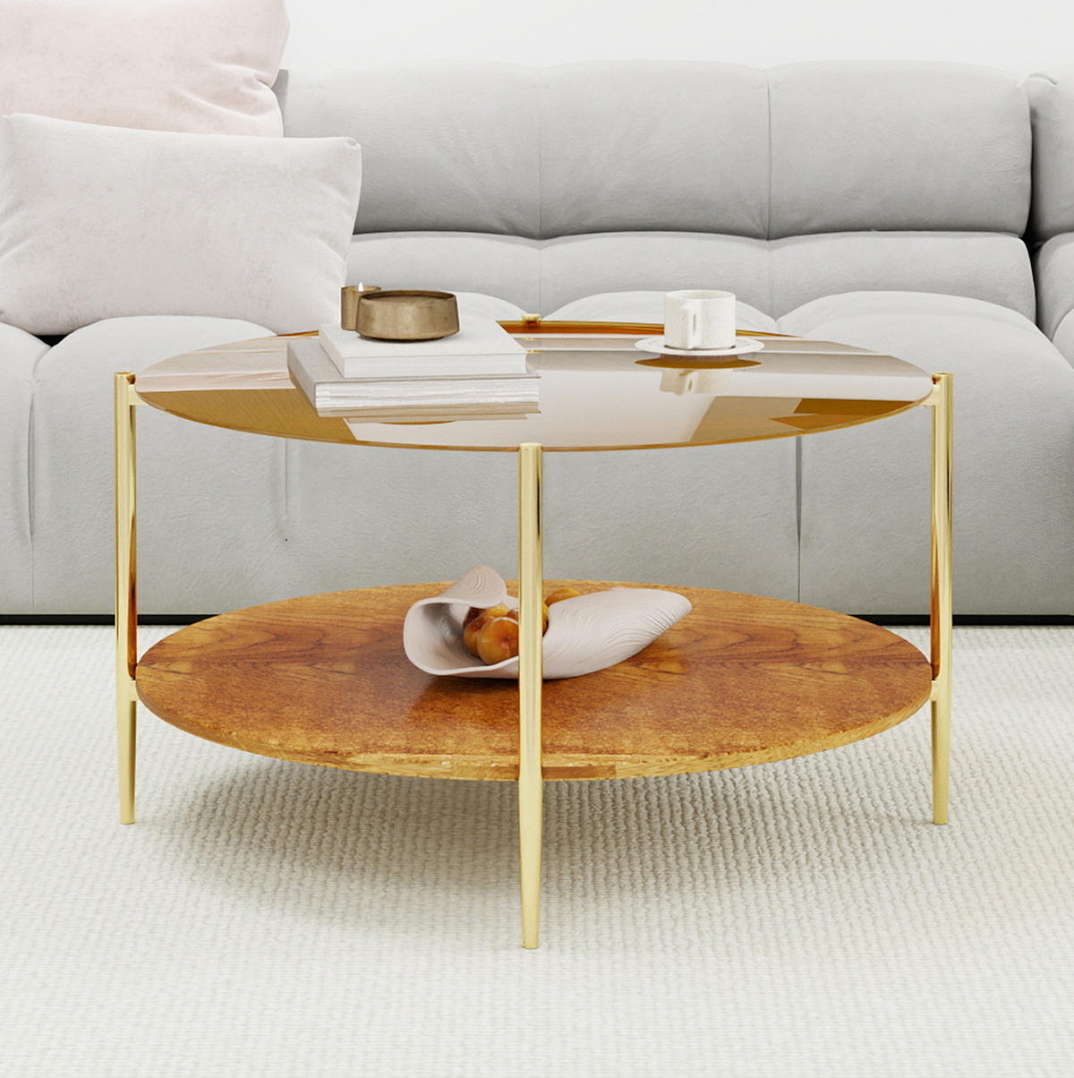 COUCHTISCH Ø82/45 cm in Gold mit Glasplatte und Holzablage - Goldfarben, Glas (82/82/45cm) - BEAOK