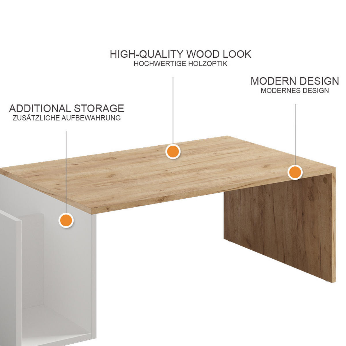 COUCHTISCH Avento Goldkraft Eiche/Weiß 100 x 50 cm - Honigeiche/Weiß, Holzwerkstoff (50/100/32.9cm) - Vicco