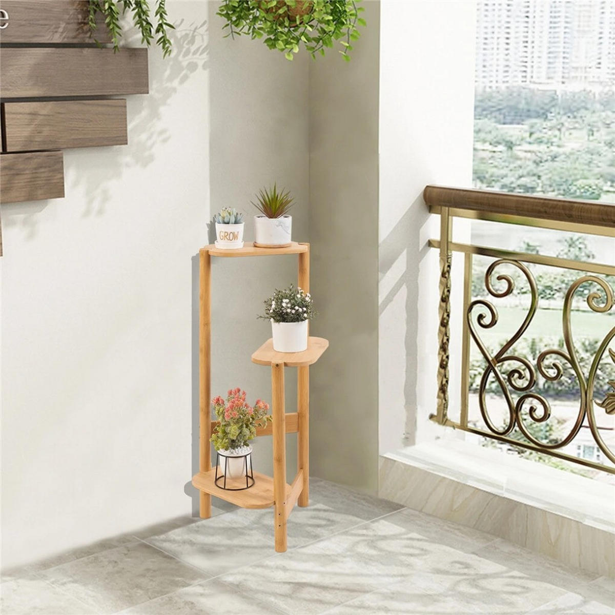 PFLANZENREGAL 3-Tier Bambus für Ecke Balkon und Schlafzimmer, Holz - Naturfarben, Holzwerkstoff (30.48/75/27.4cm) - Kaket
