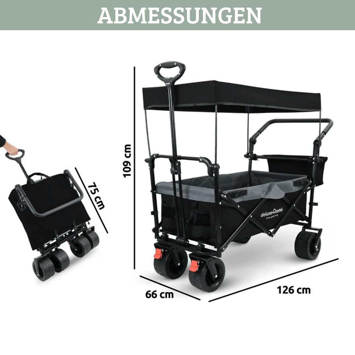 BOLLERWAGEN faltbar mit Dach KILI Extra Breite Reifen Schwarz - Schwarz, Metall (126/109/66cm) - DELUKE