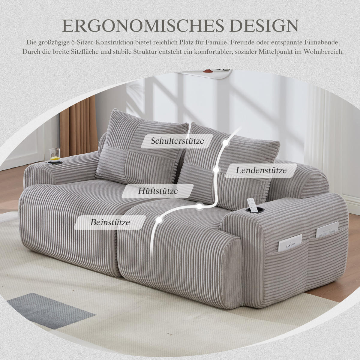 2-SITZER-SOFA aus Cord 200x99x80 cm in Hellgrau mit Cupholder & Seitentasche - Hellgrau, Textil (99/80/200cm) - Modfu