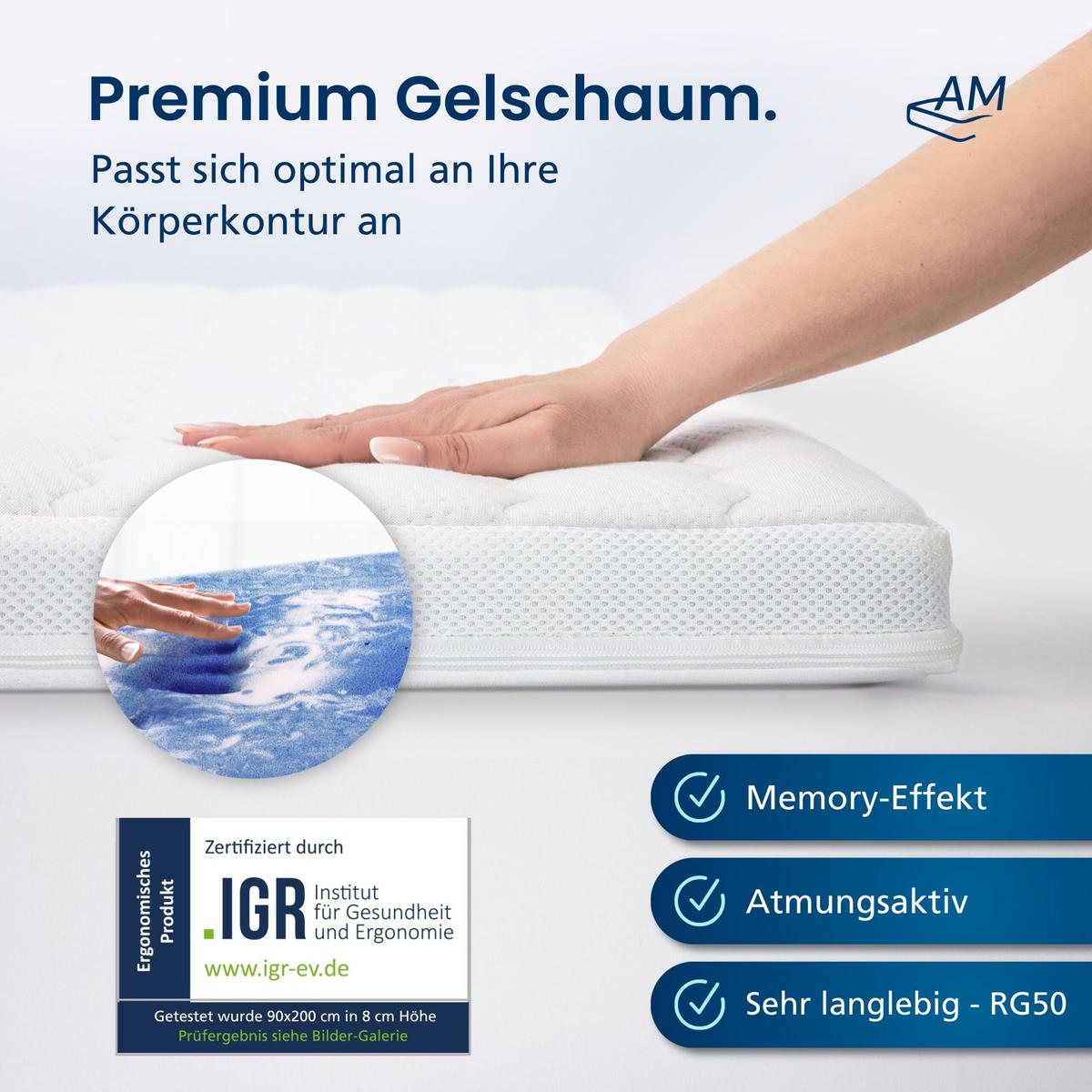 GELSCHAUM TOPPER 7-Zonen 90/190 cm - 8cm Höhe & Tencel Bezug - Weiß, Textil (90/190cm) - AM Qualitätsmatratzen