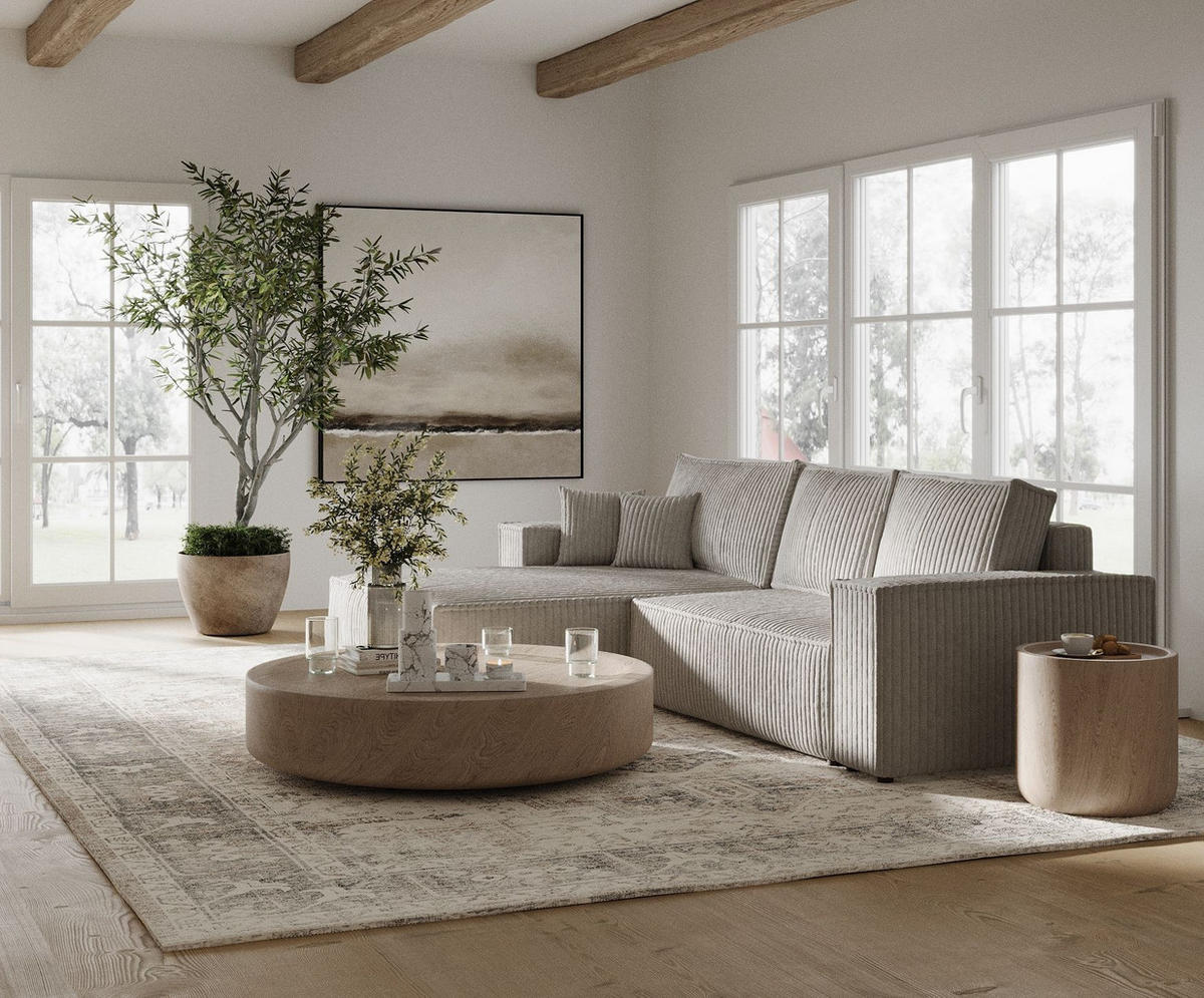 ECKSOFA Maze Beige grau Plüsch - Links Seite - Greige/Schwarz, Holz/Holzwerkstoff (185/294cm) - Maison de Reve