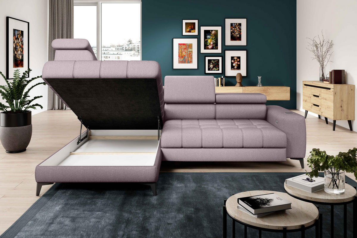 ECKSOFA BAGGIO Letto Stoff, Schlaffunktion, Bettkasten, Sitztiefe, Kopfstützen 280x196cm – Links – Puderrosa - Hellrosa, Holz/Textil (196/280cm) - DomoHome