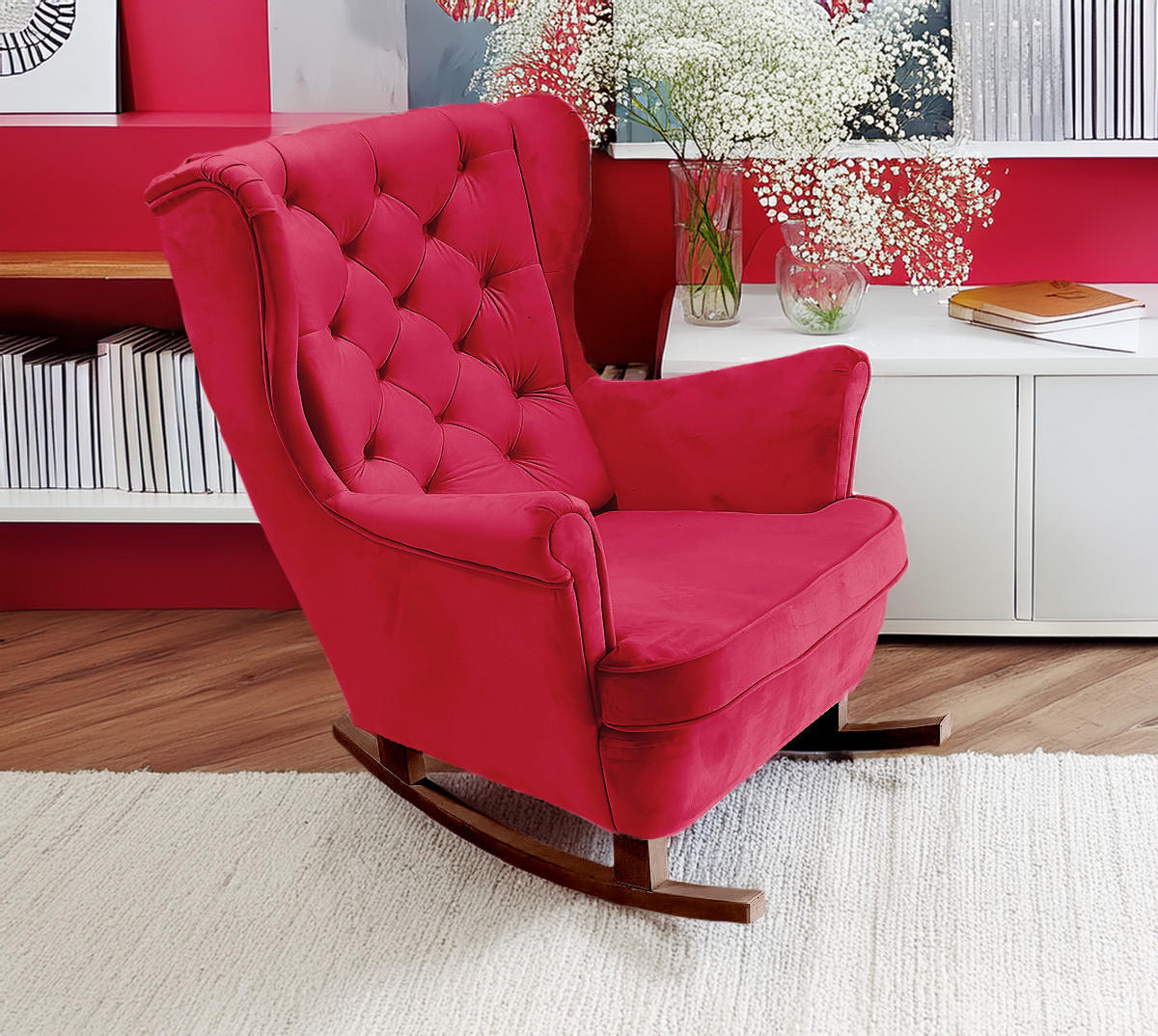 SCHAUKELSESSEL mit gepolstertem Sitz und Armlehnen, 102x81x95 cm, Rot_29837 - Rot/Braun, Holz/Textil (81/102/95cm) - DomoHome