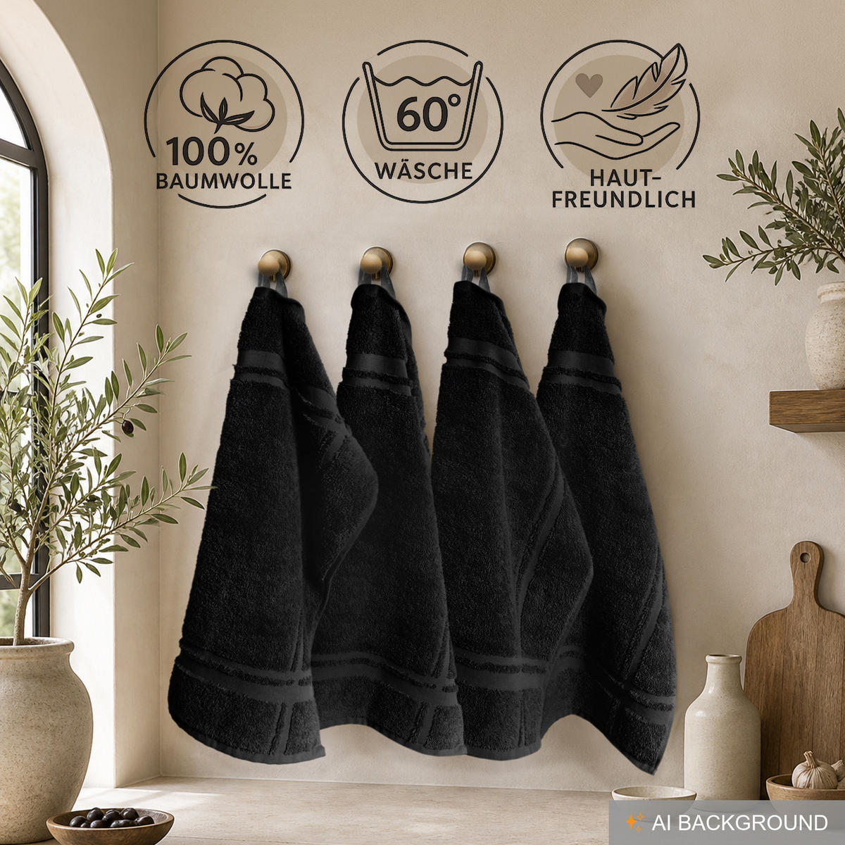 FROTTEE Küchenhandtücher 50x50 cm, 4er Set, Schwarz - Schwarz, Textil (50/50cm) - Lashuma