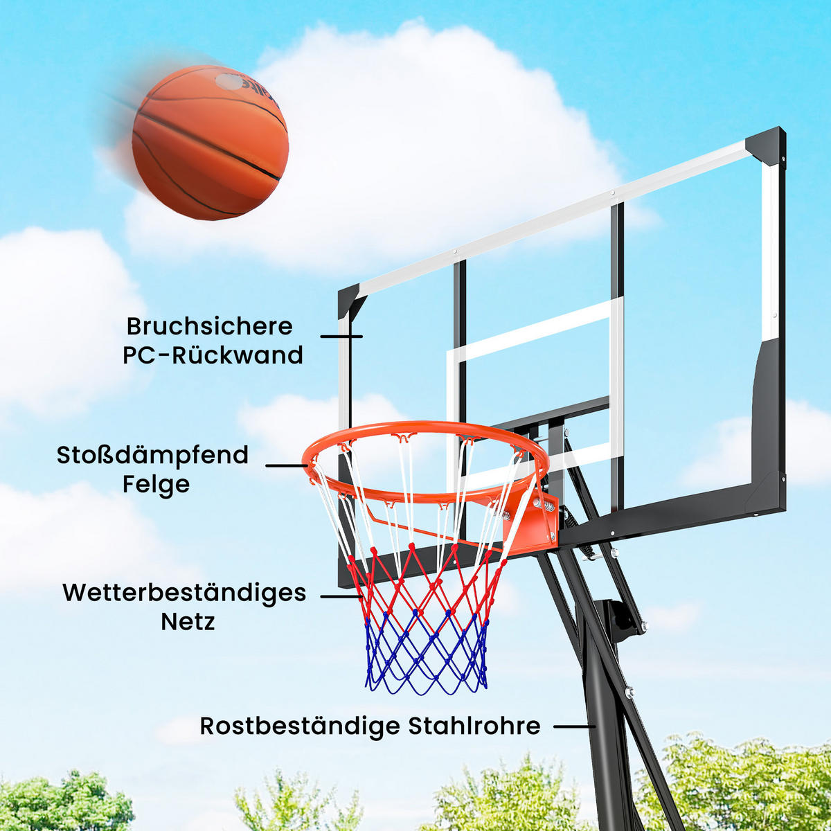 BASKETBALLKORB DE-10540 höhenverstellbar 2,45-3,05 m Schwarz - Schwarz, Metall (120/120cm) - ComfortXL