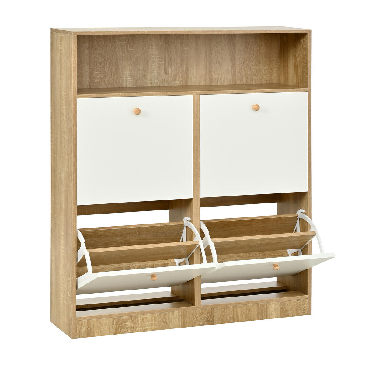 SCHUHSCHRANK mit 4 Ablagefächern und verstellbaren Trennwänden 90/24/104.5 cm - Weiß/Naturfarben, Holzwerkstoff/Metall (90/104.5/24cm) - EVRYAE