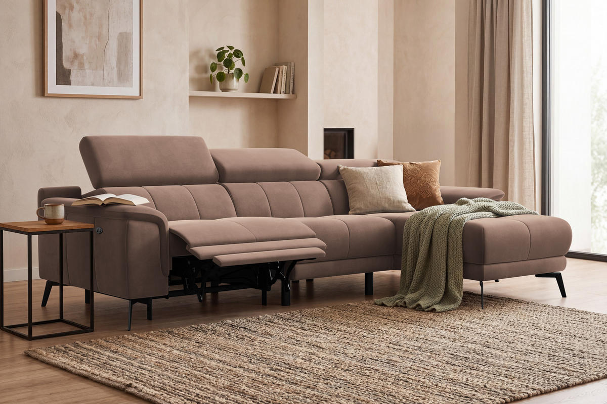 ECKSOFA FIERO 4-Sitzer RECHTS, Brauner Veloursstoff - Schwarz/Braun, Holz/Textil (288/170cm) - Courtois Laville