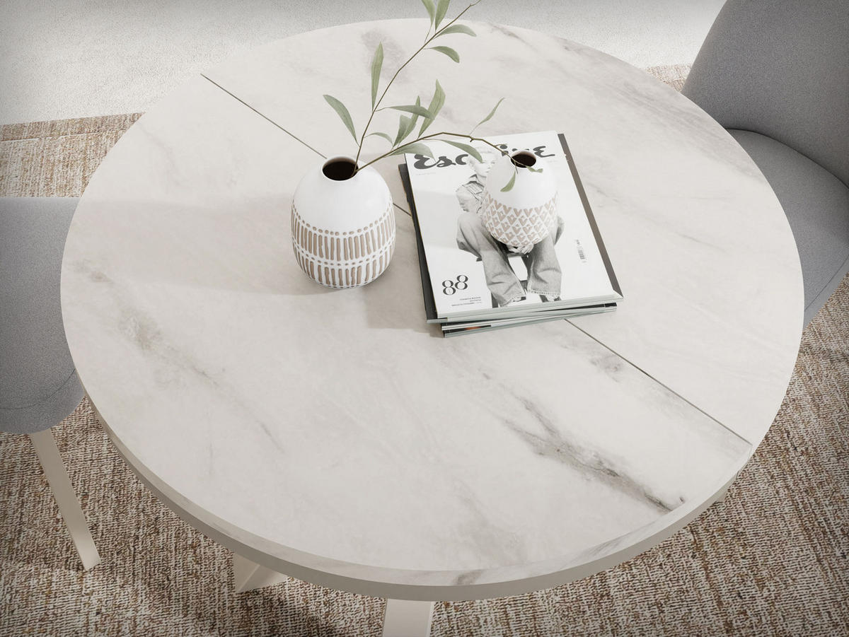 ESSTISCH Clara Beige Cashmere runder ausziehbarer, Marmor Weiß 100-180/100/76 cm - Kaschmir/Ecru, Holzwerkstoff/Metall (100/100/76cm) - WFL GROUP