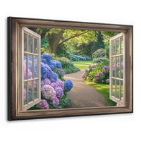 LEINWAND Bilder mit Rahmen - Aussicht - Garten - Fenster - Hortensie - Blumen - 150x100 - Pastellblau, Textil (150/100cm) - MuchoWow