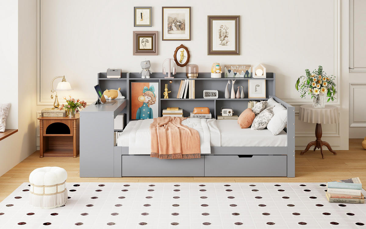 POSTEL s úložným prostorem 90/200 cm šedá z masivního dřeva s psacím stolem a zásuvkou - šedá, dřevo (90/200cm) - OKWISH