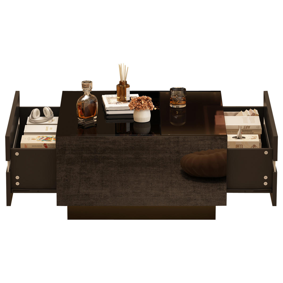 COUCHTISCH 70/70/36 cm schwarz mit 2 Schubladen und LED-Beleuchtung - Schwarz, Holzwerkstoff (70/70/36cm) - OKWISH