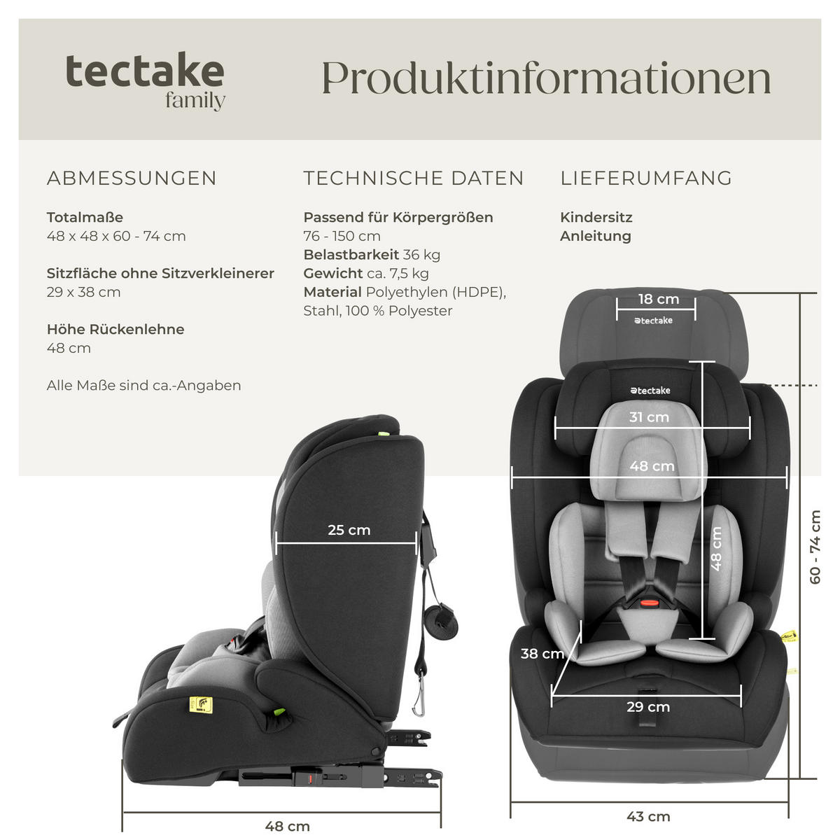AUTOSITZ Emely,ab 15 Monaten von 76 bis 150 cm, Belastbarkeit 36 kg,dunkelgrau/schwarz - Dunkelgrau/Schwarz, Kunststoff (48/74/48cm) - tectake