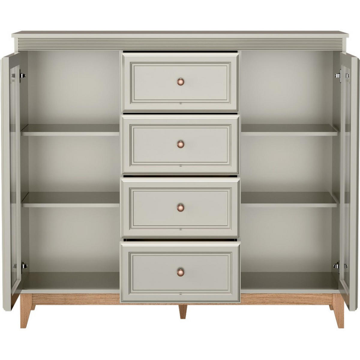 VITRINE Charlott mit 4 Schubladen und 2 Türen, mit LED-Beleuchtung - Kaschmir/Eichefarben, Holz/Holzwerkstoff (141.5/125.5/40.5cm) - Beautysofa