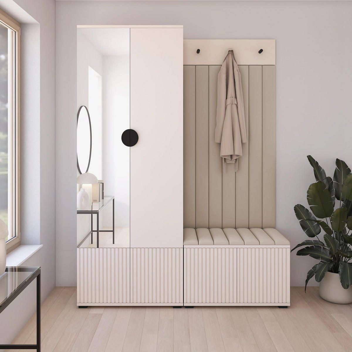 GARDEROBE Ritmo version 1 mit Spiegel, mit POLSTERPANEELEN BEIGE - Beige/Creme, Holzwerkstoff (140/185/40cm) - Jerpax