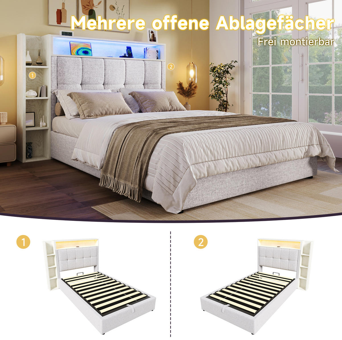 POLSTERBETT 90/200 cm mit USB- und Typ-C-Anschluss, LED-Beleuchtung, Bettkasten und Leinenbezug, Beige - Beige, Textil (90/200cm) - Redom