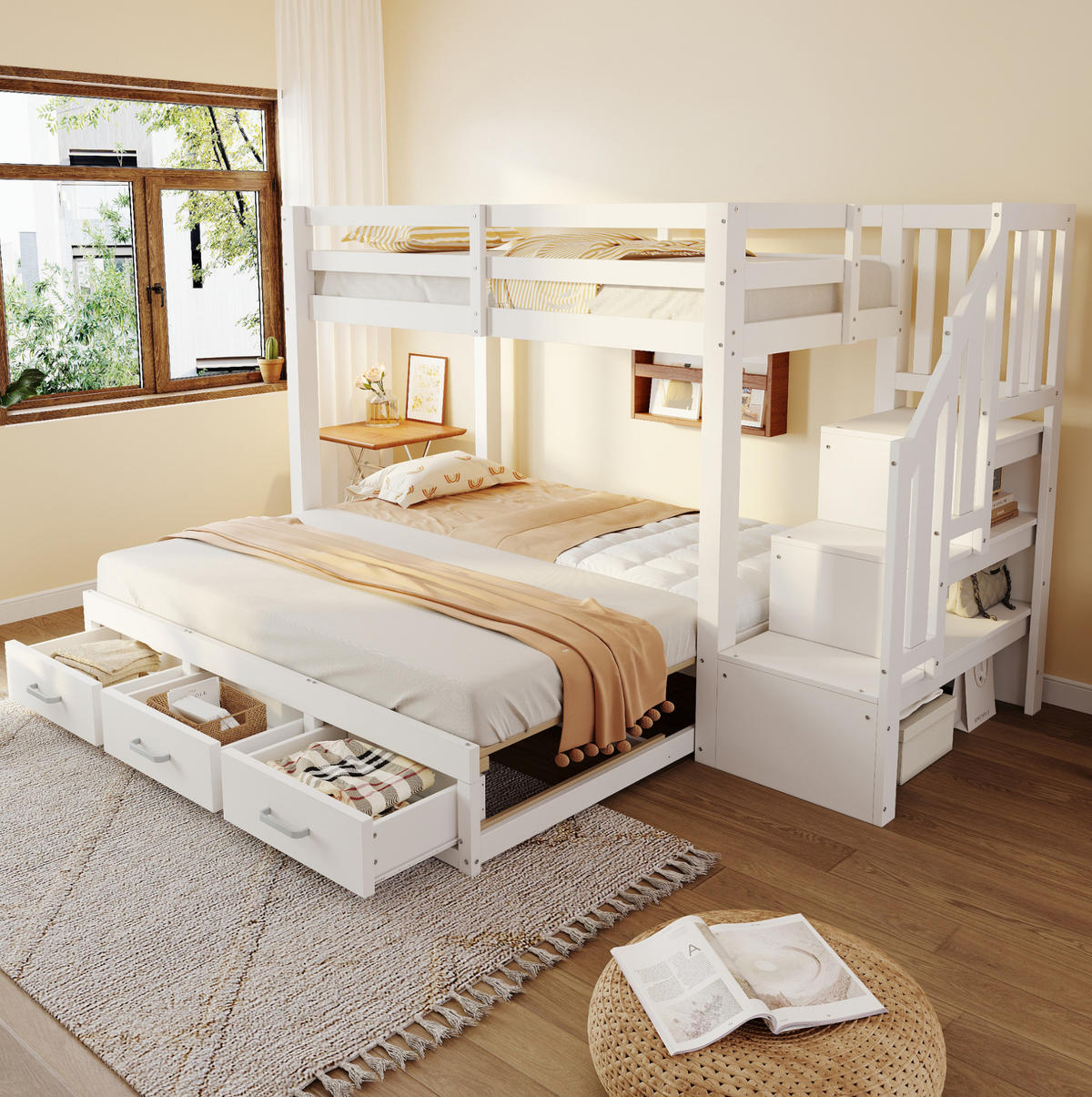 ETAGENBETT mit Ausziehbett und Stauraum 90x200 cm Kiefernholz Weiß - Weiß, Holzwerkstoff (90/200cm) - Beauniv