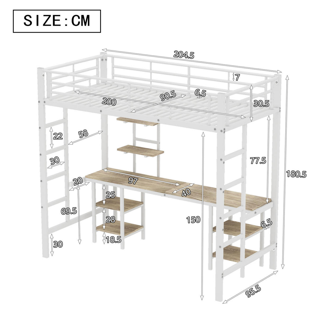 HOCHBETT 90/200 cm in Weiß mit Tisch und Regalen - Weiß, Holzwerkstoff (90/200cm) - BEAOK