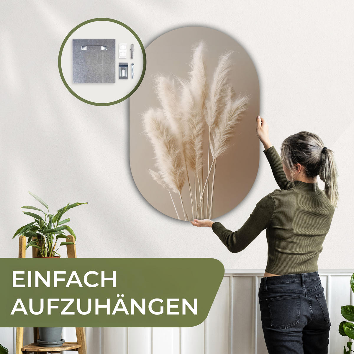 WANDBILD Pampasgras - Federn - Pastell - Weiß 80x120 cm - Sandfarben, Kunststoff (80/120cm) - MuchoWow