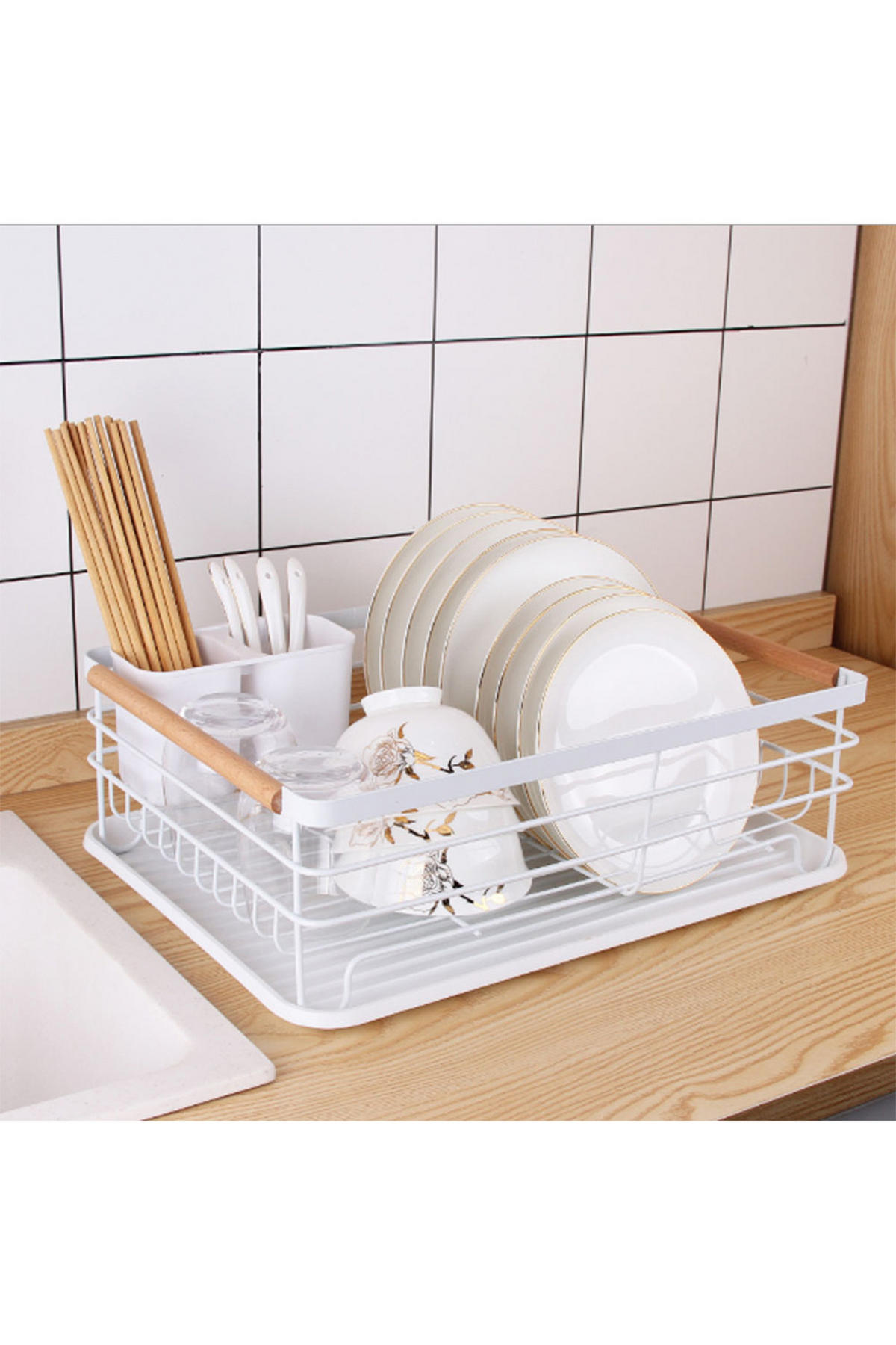 GESCHIRRABTROPFGESTELL in Weiß aus Kohlenstoffstahl PP Holz mit Holzgriff Einfache Reinigung Saubere Arbeitsplatte 43 x 30,5 x 14 cm - Weiß, Metall (43/14/30.5cm) - Livingandhome