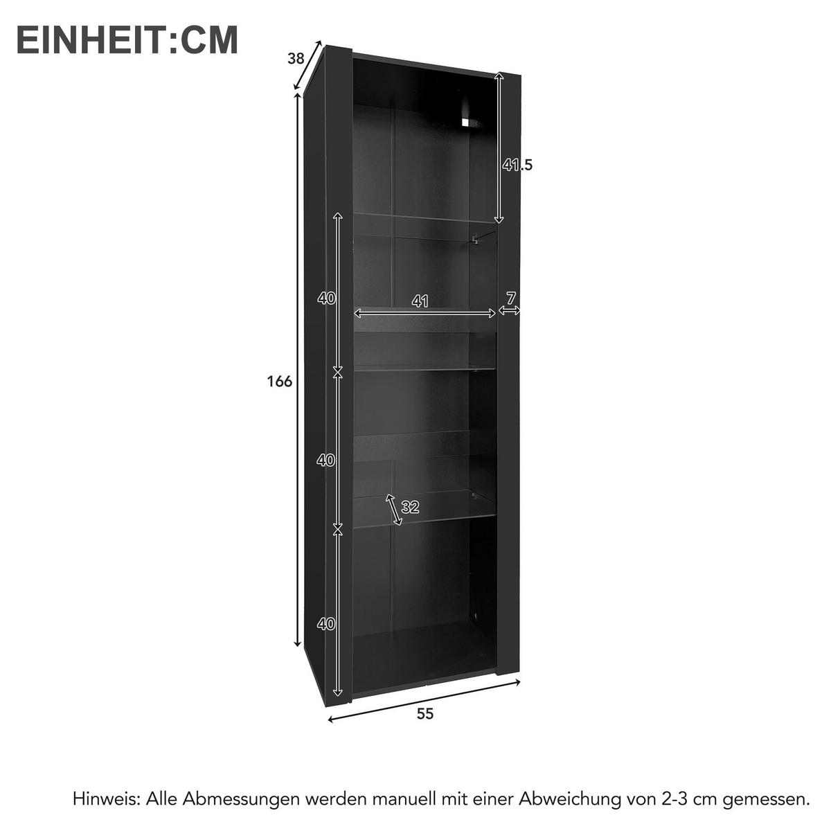 VITRINE 55/38/166 cm schwarz aus Spanplatte mit LED und 3 Glasböden - Schwarz, Holzwerkstoff (55/166/38cm) - OKWISH