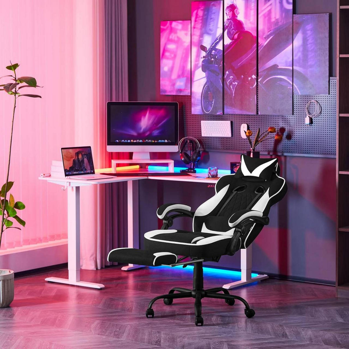 GAMINGSTUHL Mesh-Gewebe, Schwarz+Weiß - Schwarz/Weiß, Kunststoff/Textil (70/120/70cm) - Woltu