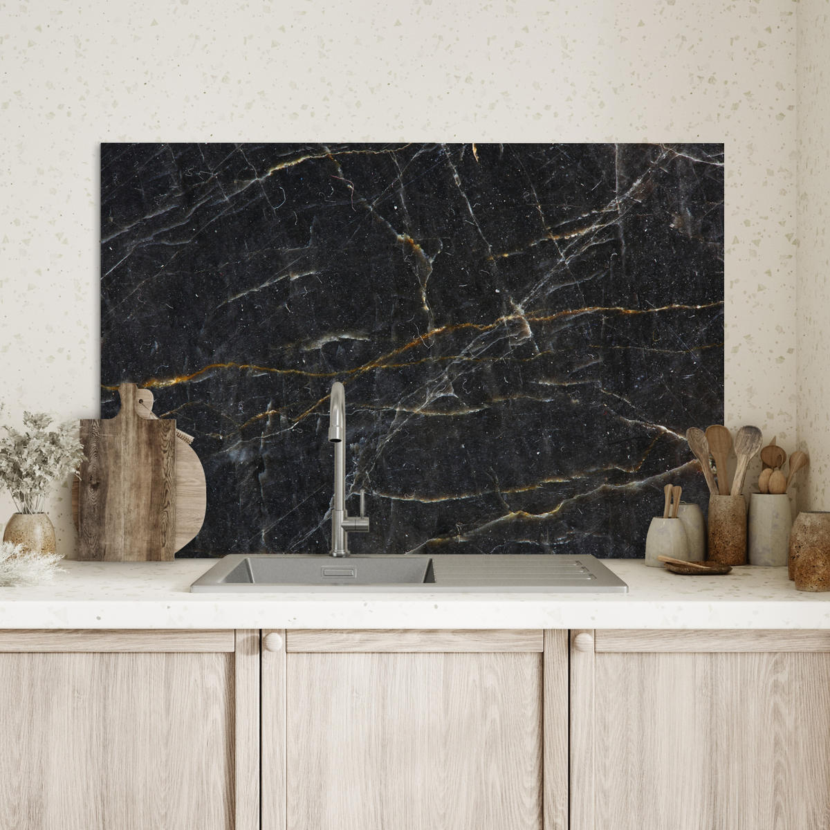 SPRITZSCHUTZ KÜCHE Marmor - Schwarz - Gold - Grau - Marmorstruktur 80x55 cm - Goldfarben, Metall (80/0.3/55cm) - MuchoWow