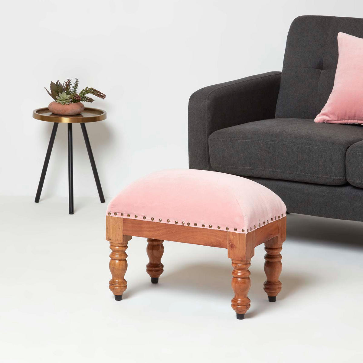 SAMT-HOCKER Mable, rosa mit Holzbeinen, 50/30/40 cm - Rosa, Textil (30/40/50cm) - Homescapes