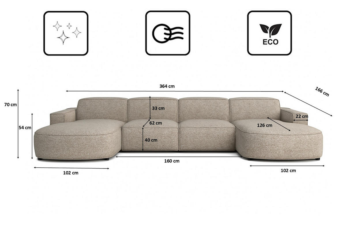ECKSOFA Cursal Round U-Form, Stoff Artico, Beige - Beige, Holz (364/166cm) - Kaiser Möbel