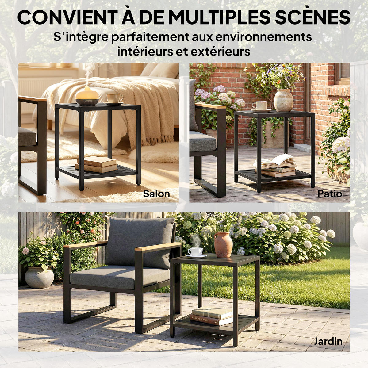 GARTENBEISTELLTISCH DE-14194 zweistufig, quadratisch Schwarz - Schwarz, Metall (45/45/54cm) - ComfortXL