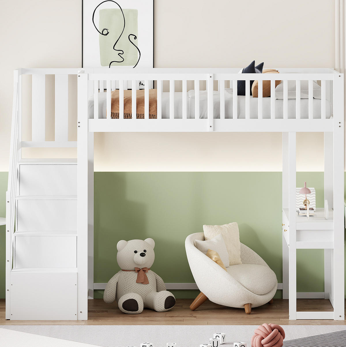 HOCHBETT 90/200 cm mit Multifunktionstisch und Aufbewahrungstreppe aus Kiefern, Weiß - Weiß, Holzwerkstoff (90/200cm) - Redom