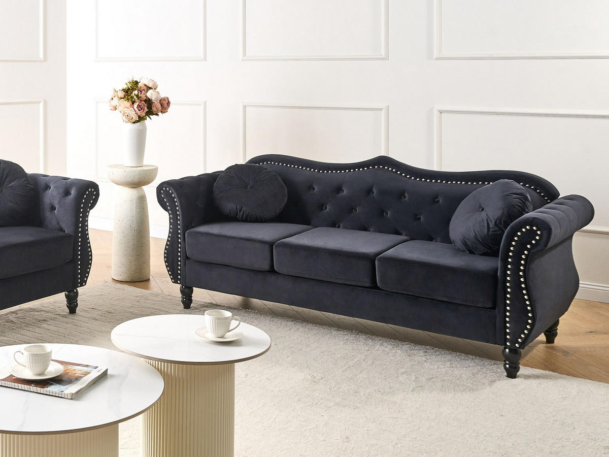 3-SITZER-SOFA Samtstoff Schwarz Skien - Schwarz, Textil (204/86/78cm) - Beliani