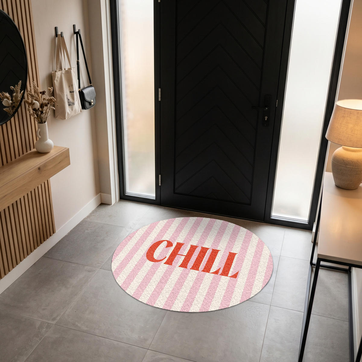 FUSSMATTE Zartrosa – Rot – Streifen – Chill 120x120 cm - Rosa, Kunststoff (120/0.4cm) - MuchoWow
