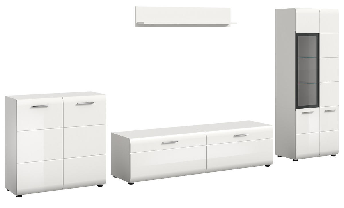 WOHNWAND weiß Hochglanz 4-teilig 330 cm, Schrankwand mit viel Stauraum - Weiß Hochglanz/Silberfarben, Glas/Holzwerkstoff (330/160/41cm) - Inn.Furn