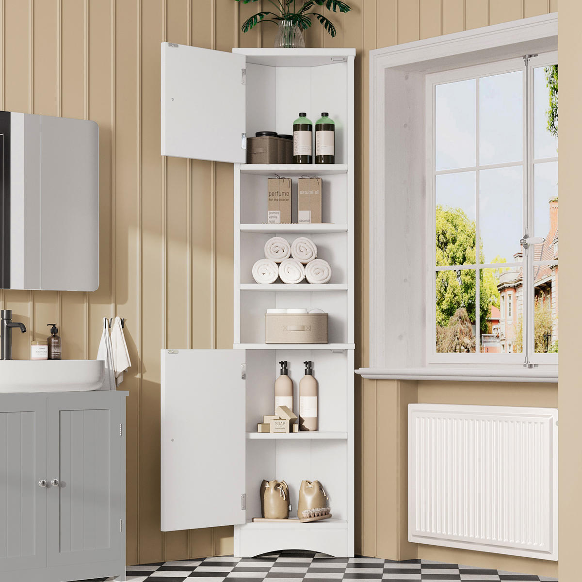 BADEZIMMERSCHRANK 36.5x24.5x170cm in Weiß, feuchtigkeitsbeständig mit 2 Türen - Weiß, Holzwerkstoff (24.5/170/36.5cm) - Modfu