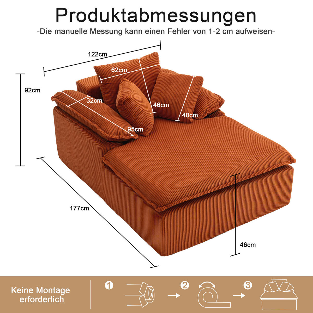 SOFA 177/122/92 cm aus Cord in Orange mit breiten Armlehnen - Orange, Textil (122/92/177cm) - BEAOK