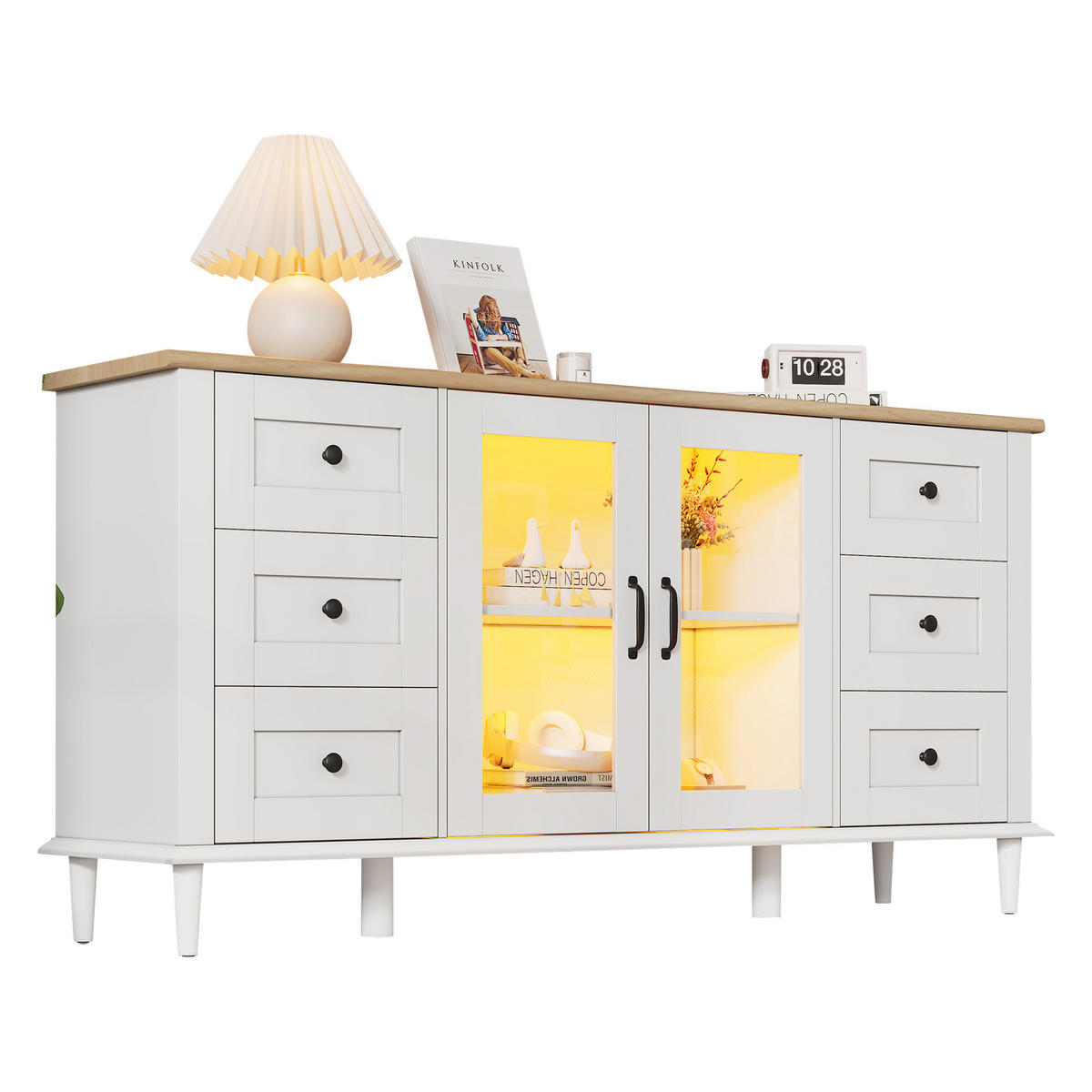 SIDEBOARD 150/40/75 cm mit 2 Acryltüren, 6 Schubladen & LED in Weiß/Holzoptik - Weiß, Holzwerkstoff (150/75/40cm) - BEAOK