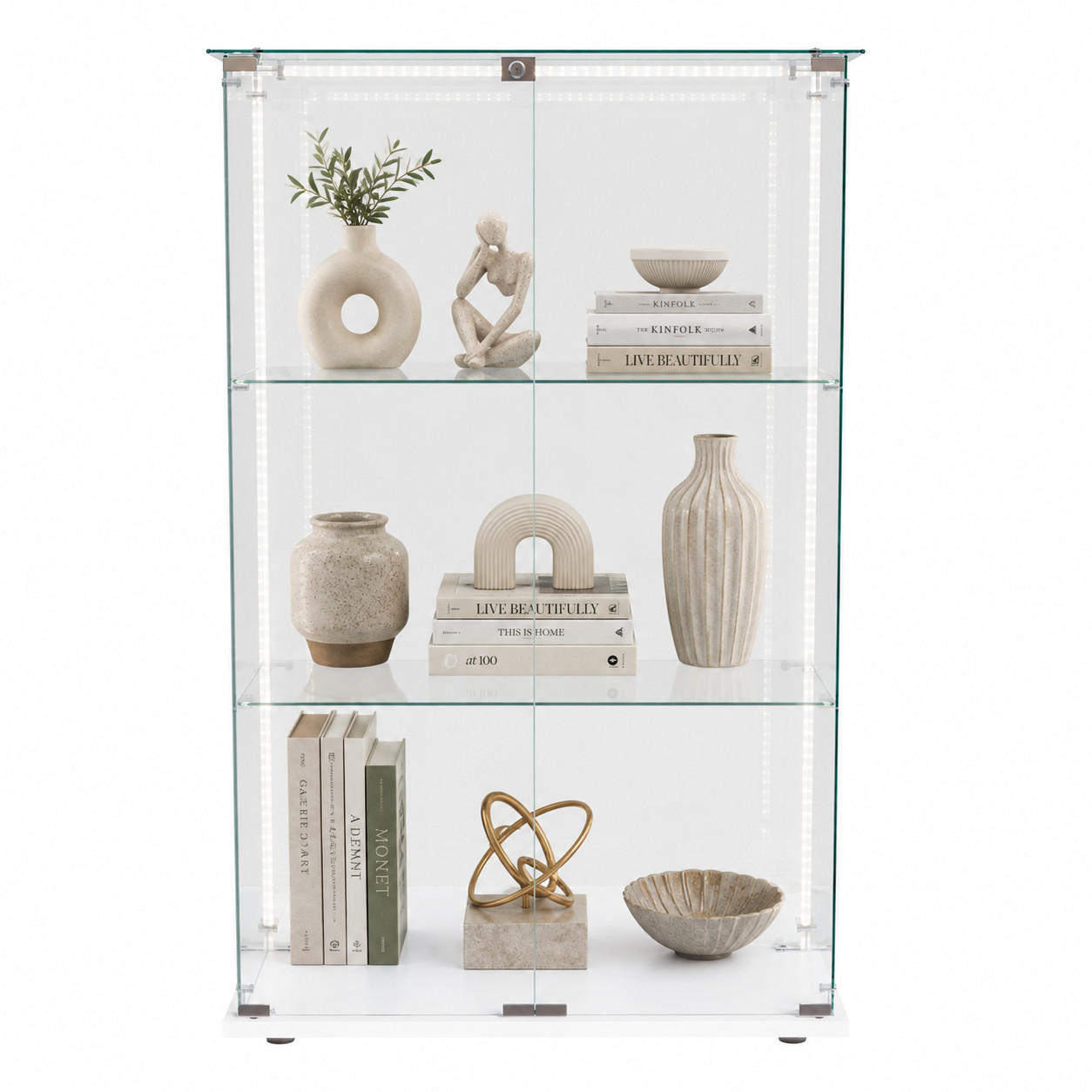 LED-VITRINE, 3-stufig mit Doppeltüren, Weißrahmen - Weiß, Glas (78.5/123.3/35cm) - Joyfair