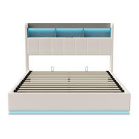 POLSTERBETT 140x200cm, Beige, Samt, mit LED-Lichtleiste und Staufach im Kopfteil, ohne Matratze - Beige, Holz (140/200cm) - WoodenAura