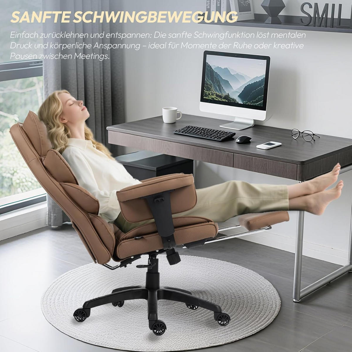 GAMING-STUHL & gefederten Sitzkissen Lendenwirbelstütze und Fußstützen - Braun, Leder (76/121/60cm)