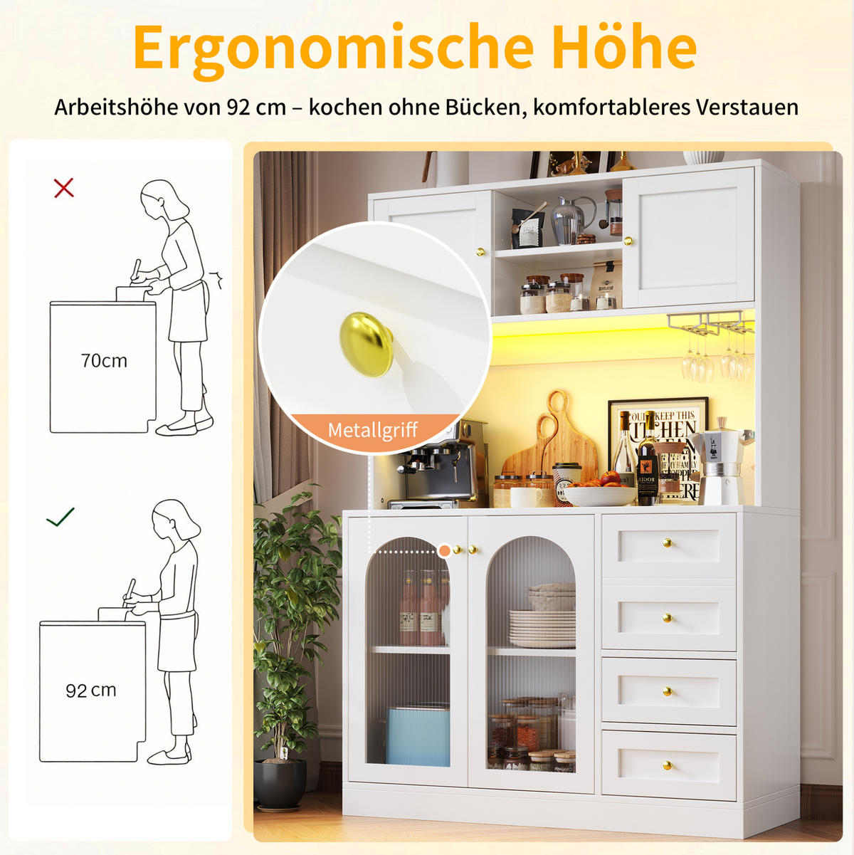 BUFFETSCHRANK 120/40/188 cm aus MDF mit LED-Lichtleiste, Fluted-Glas und viel Stauraum, Weiß - Weiß, Holzwerkstoff (120/188/40cm) - Redom