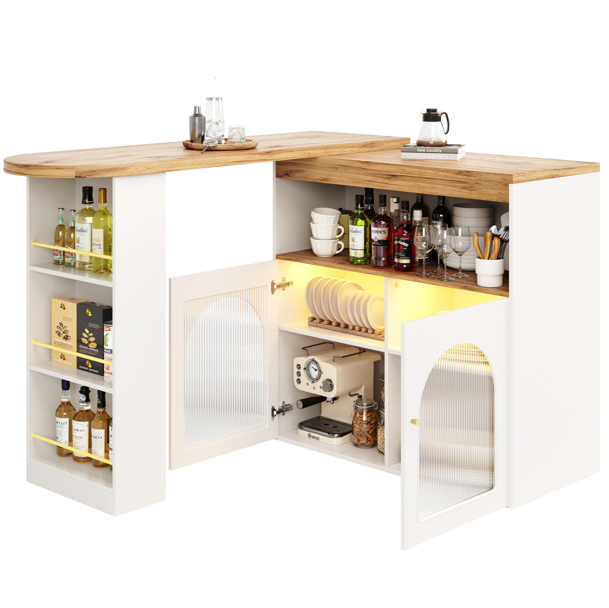 Modfu BAROVÝ stůl z MDF 138-193x105x39 cm bílý otočný s LED osvětlením a úložným prostorem