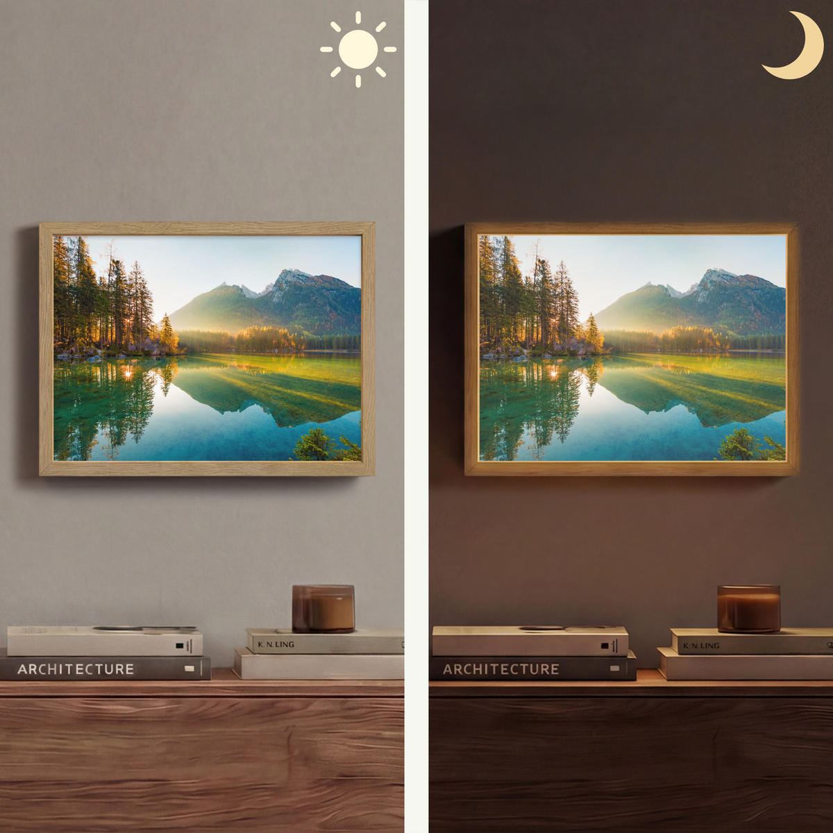 WANDLEUCHTE MIT AKKU See - Wald - Berge - Natur - Sonne - Landschaft 40x30 cm - Grün, Holzwerkstoff (40/30/8cm) - OnlyWow