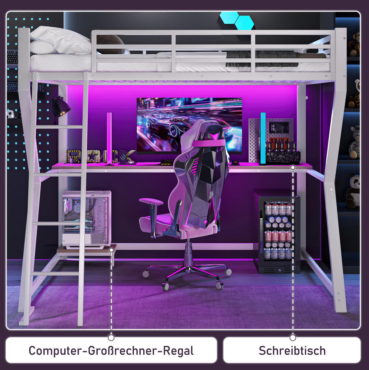 HOCHBETT aus Metall und MDF 90x200 cm Weiß mit LED-Beleuchtung, Schreibtisch, Steckdose und USB - Weiß, Metall (90/200cm) - IVMEU