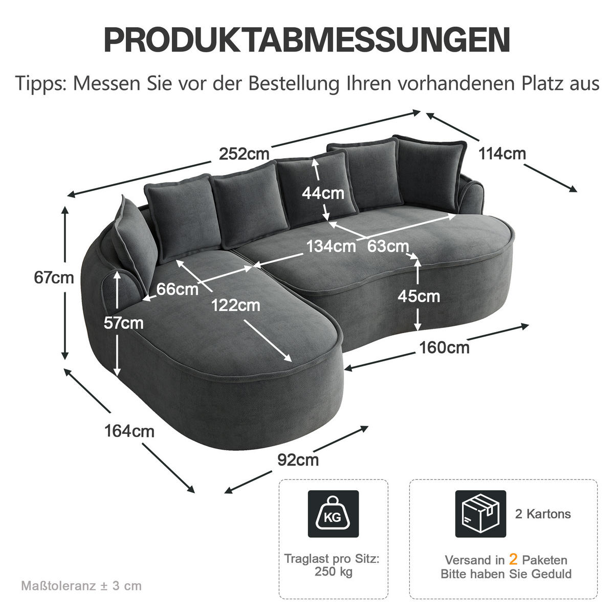 ECKSOFA DE-34260 mit Chaiselongue und Kissen Grau - Grau, Textil (164/252cm) - ComfortXL