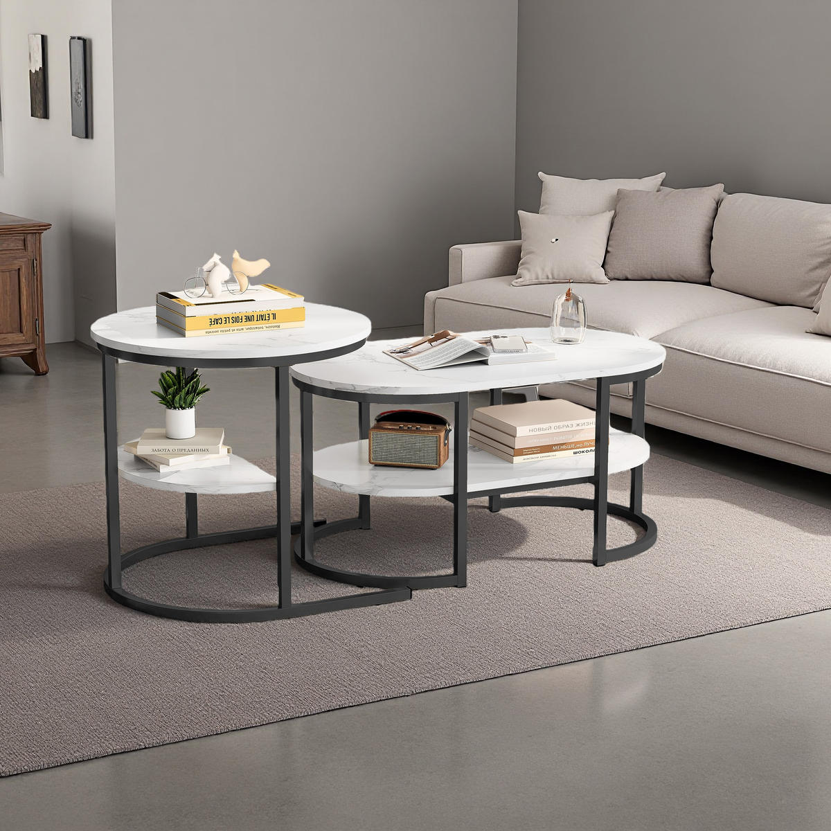 COUCHTISCH-SET Marmoroptik Weiß, Metallgestell Schwarz, 2er Set - Schwarz, Metall (80/46/51cm) - SHOPENTRA