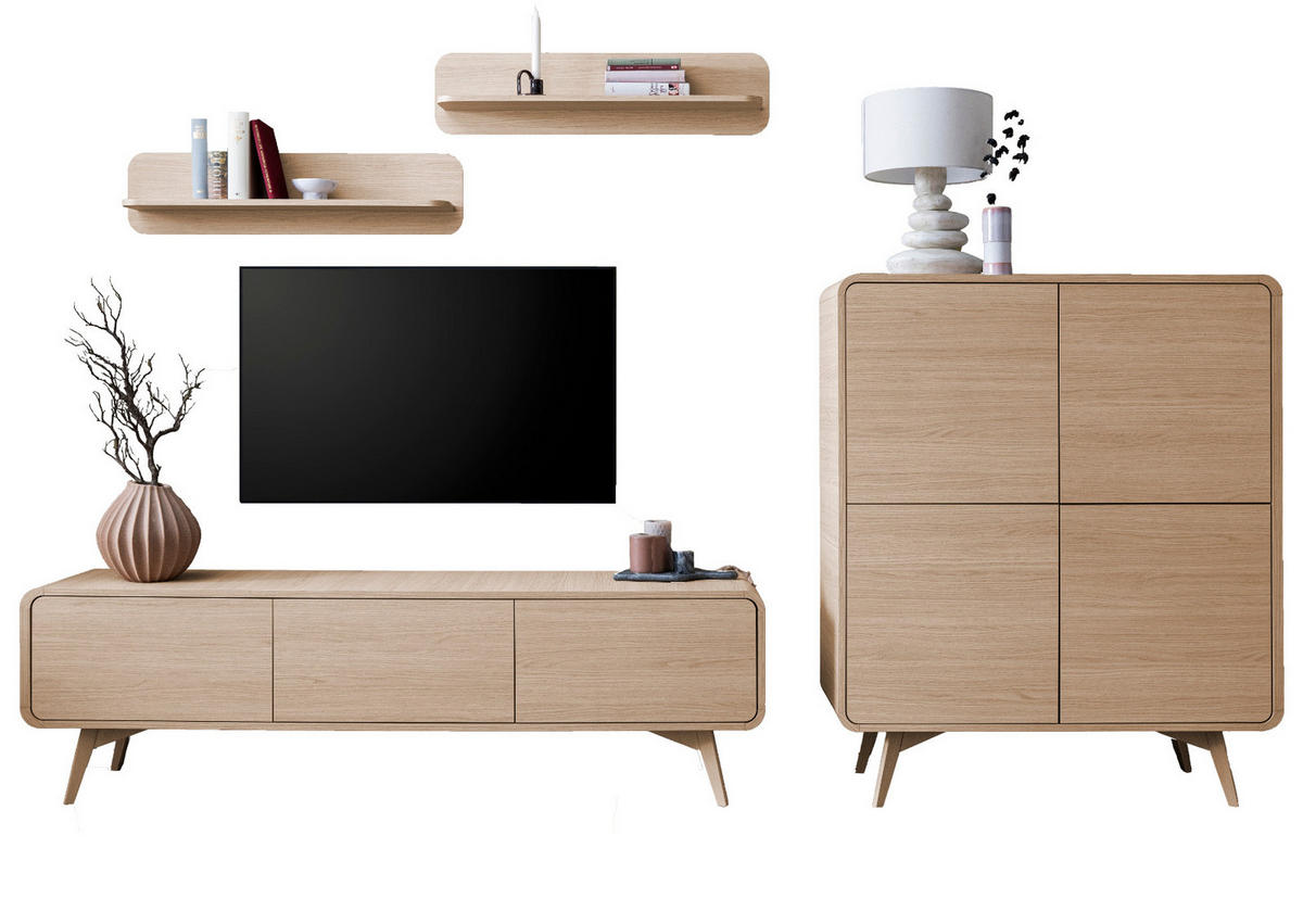 WOHNWAND Eiche natur 4-teilig 308 cm, Wohnkombination mit Push-to-Open - Eichefarben, Holz/Holzwerkstoff (308/170/39cm) - Furn.Design