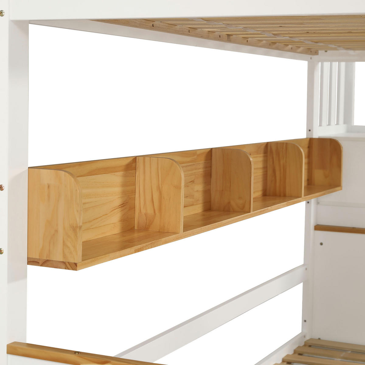 ETAGENBETT 90/200 mit Stauraumtreppe, Regalen und Schubladen in Weiß und Natur - Weiß, Holzwerkstoff (90/200cm) - EVRYAE