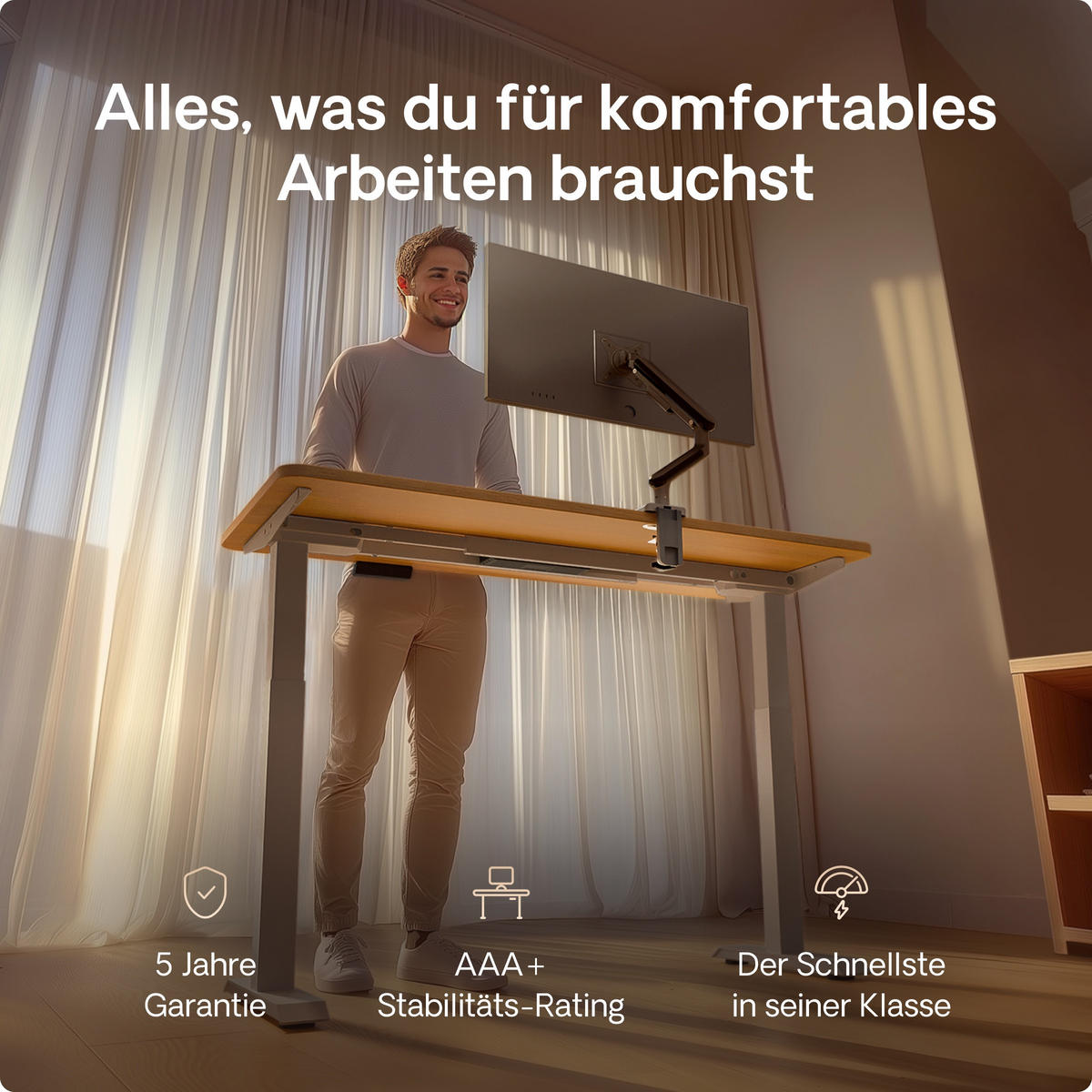 SCHREIBTISCH Elektrisch Höhenverstellbarer HomeOne 120x60cm Grau/Eiche mit Memory-Funktion, Anti-Kollisions Technologie - Eichefarben/Grau, Holzwerkstoff (60/120/72cm) - Desktronic